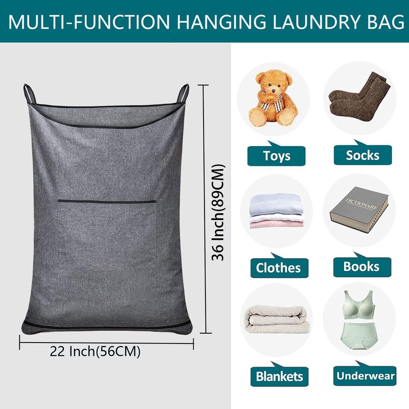 KINGSUSLAY Hanging Laundry Hamper,Door Hanging Hamper with Width Opening, Over the Door Laundry bag with hooks, Laundry Collector and Over Door Storage Bag (36x22 Inch,Pop Grey) - Image 2